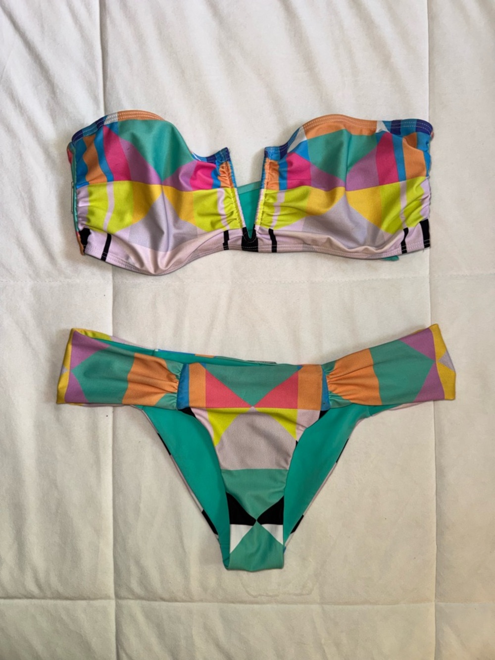 Mara Hoffman Multicolor Geometric Bandeau Bikini — Teal, Pink, Lime & Orange
